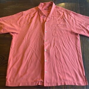 Tommy Bahama 100% Silk Short Sleeve Button Down Shirt Coral Pink XL